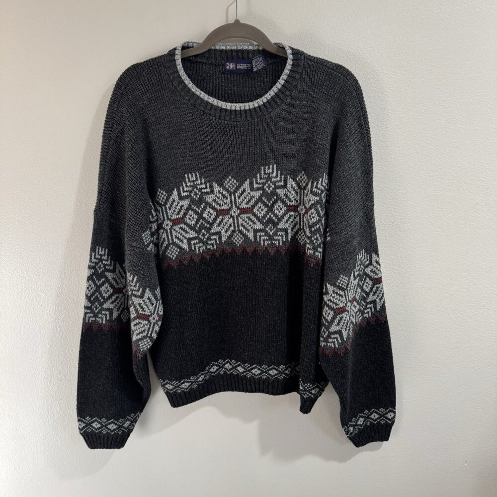 Vintage 90s Y2K Faded Glory Sweater Mens L Fair Isle Snowflake Christmas Gray